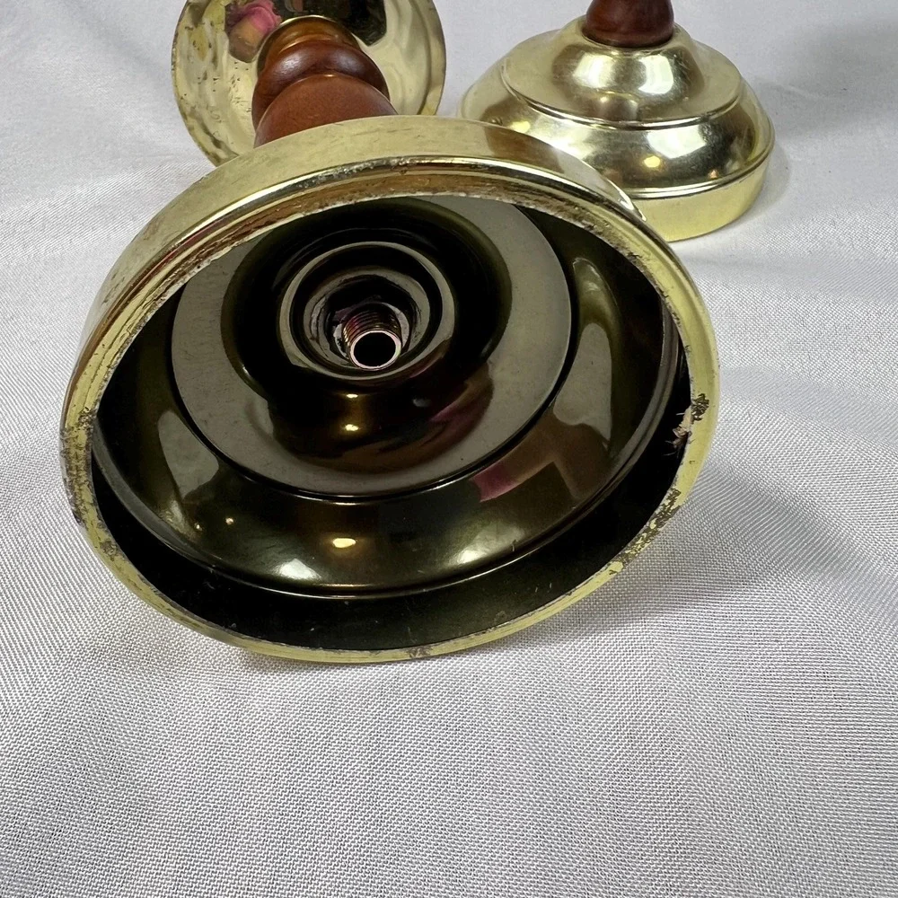 VTG Brass & Wood Candlestick Holders Pair Mid Century Traditional Candle Holders
